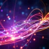 String theory visualization with vibrating colorful strings in multidimensional space glowing effects