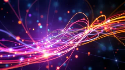 String theory visualization with vibrating colorful strings in multidimensional space glowing effects