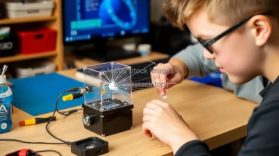 Student assembling a DIY particle detector in a home lab creative physics education setting