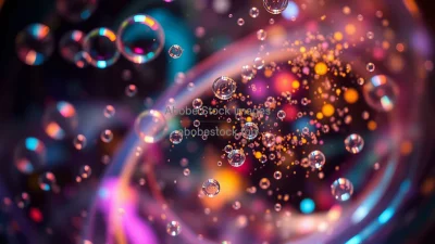 Subatomic particles scattering inside a bubble chamber abstract bubbles and tracks vibrant colors