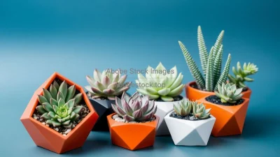 Succulent plants arranged in geometric planters
