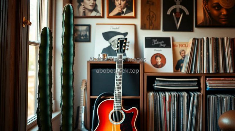 Tall cactus next to a guitar and vinyl records storage