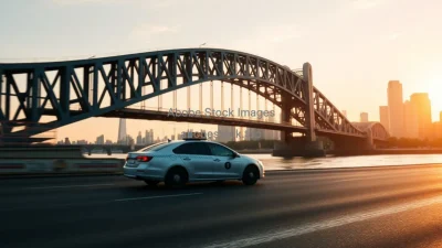Taxi crossing a big city bridge at sunrise golden reflections on water