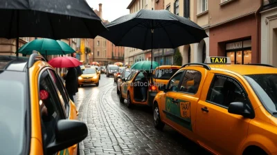 Taxi stand in a small rainy European town cobblestones and umbrellas