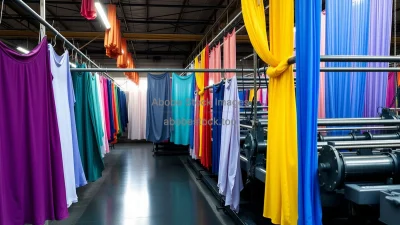 Textile dyeing facility with colorful fabrics hanging and machinery moving saturated colors industrial chic
