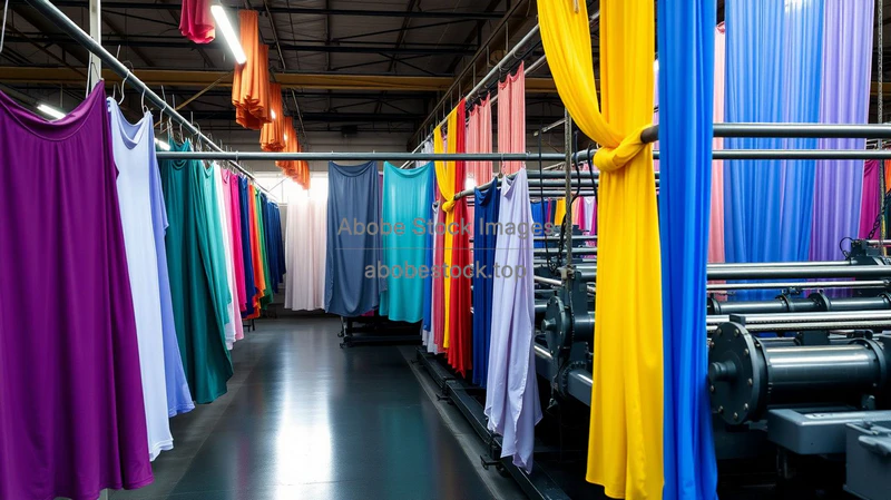 Textile dyeing facility with colorful fabrics hanging and machinery moving saturated colors industrial chic