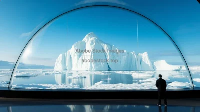 The last iceberg framed like a museum exhibit inside a giant glass dome speculative future
