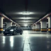 Tiny car in an enormous underground parking garage dramatic scale