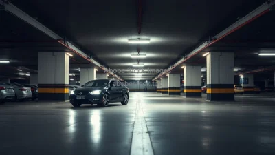 Tiny car in an enormous underground parking garage dramatic scale