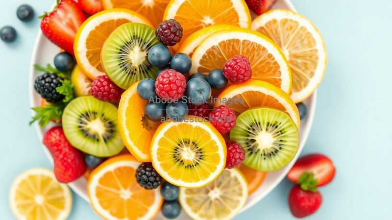 Top view of colorful fruit platter with kiwi berries and citrus slices