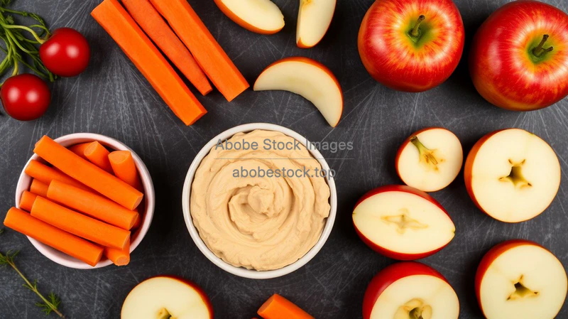Top view of healthy snacks including carrot sticks hummus and apple slices