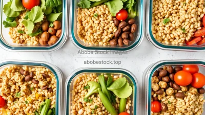 Top view of meal prep containers filled with lean protein grains and vegetables
