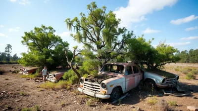 Trees growing through abandoned cars in a post fossil fuel world nature reclaiming
