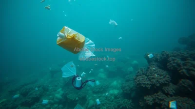 Underwater view of plastic waste drifting near a dying coral reef depressing mood