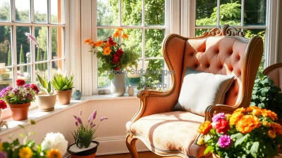 Vintage armchair by a bay window surrounded by flowers in pots