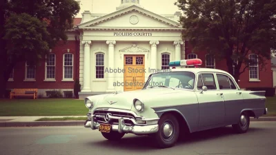 Vintage police car in front of an old courthouse nostalgic scene