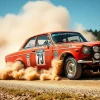 Vintage rally car kicking up dust on a gravel road dynamic action