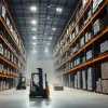 Warehouse with high racks forklifts moving pallets strong directional lighting dust particles visible
