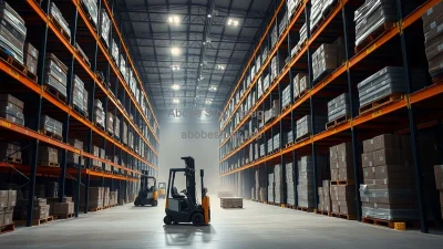 Warehouse with high racks forklifts moving pallets strong directional lighting dust particles visible