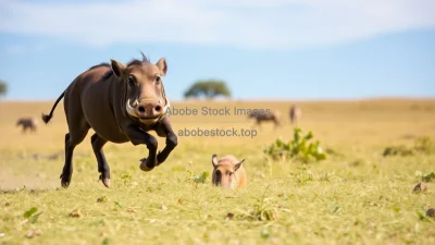 Warthog running across savannah