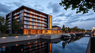 Waterfront hotel with reflective modern design