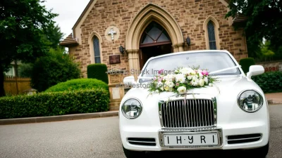 Wedding car decorated with flowers in front of a church joyful atmosphere