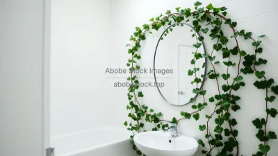 White bathroom with trailing ivy around a mirror