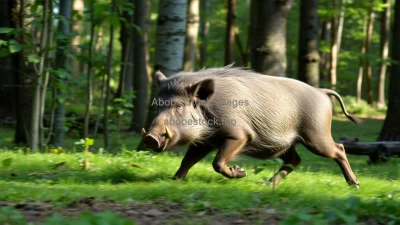 Wild boar running through dense forest