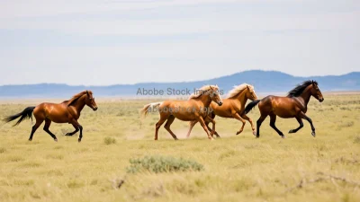 Wild mustangs running across open plains