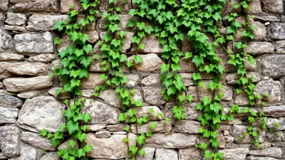 Wild vines climbing an old stone wall