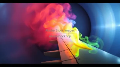 Wind tunnel experiment with colorful smoke showing airflow over an airplane wing aerodynamics study