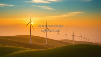 Wind turbines on rolling green hills during golden hour