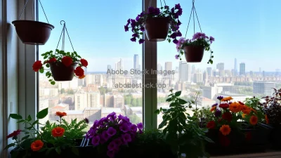 Window garden with hanging planters and flower boxes