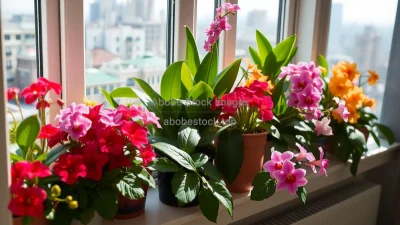 Windowsill filled with colorful flowering houseplants