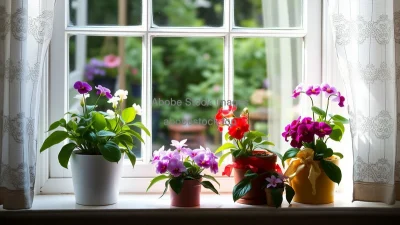 Windowsill with blooming violets in colorful pots