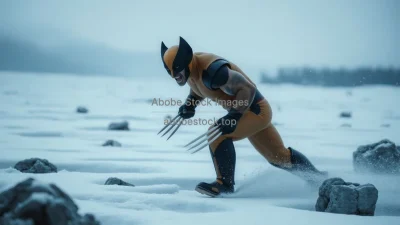 Wolverine moving across frozen landscape