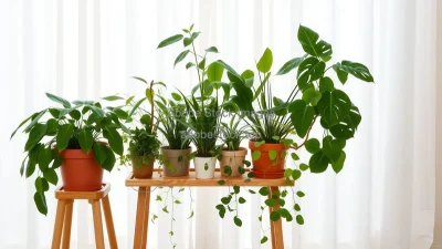 Wooden plant stand with various houseplants