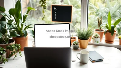 Workspace next to large window full of plants