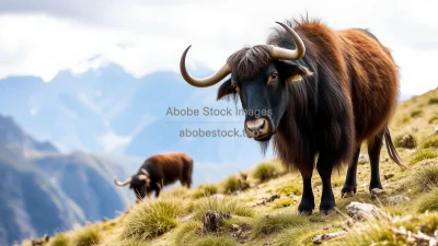 Yak grazing on high mountain slopes