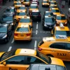 Yellow taxi cab stuck in heavy traffic in a dense New York style city street overhead view