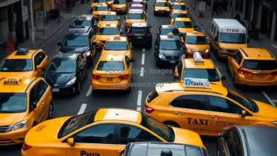 Yellow taxi cab stuck in heavy traffic in a dense New York style city street overhead view